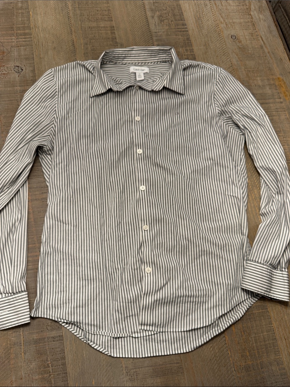 Calvin Klein Men's Gray and White Vertical Stripe Dress Shirt